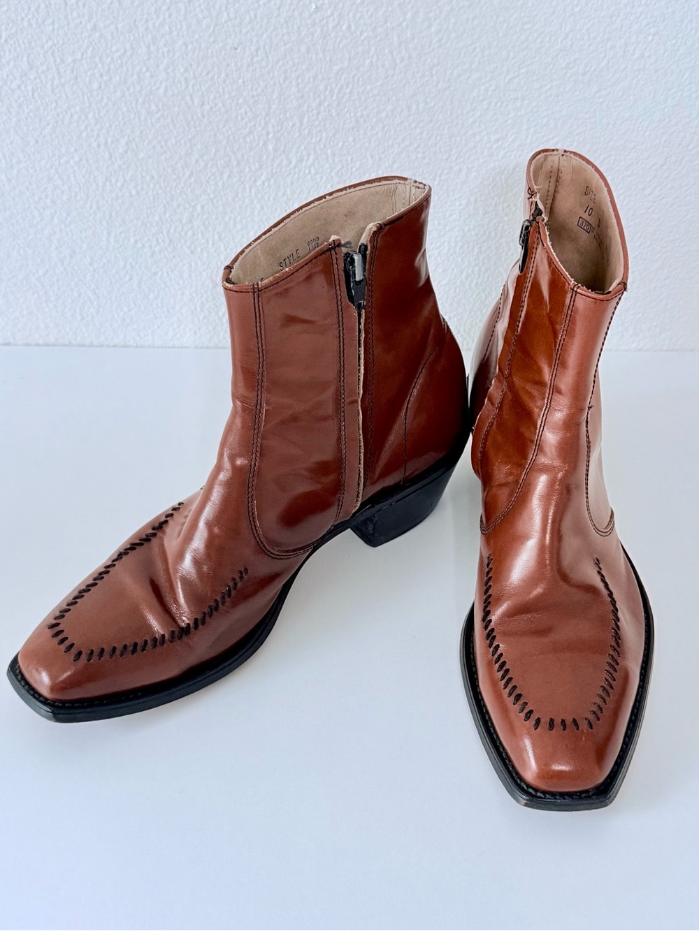 VTG 70s Sears Mens Whipstitch Leather Side Zip Boots Cuban Heel Square Toe 10